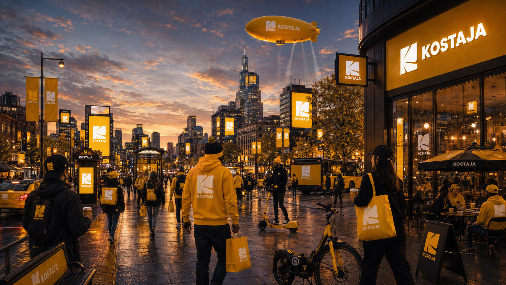A city block imagined fully in the Kostaja brand: signage, banners, storefront, transit, and street team all coherent under one visual system.